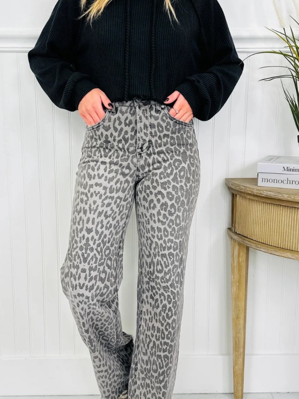 MoCo Boutique Gray Leopard Print Straight Leg Jeans